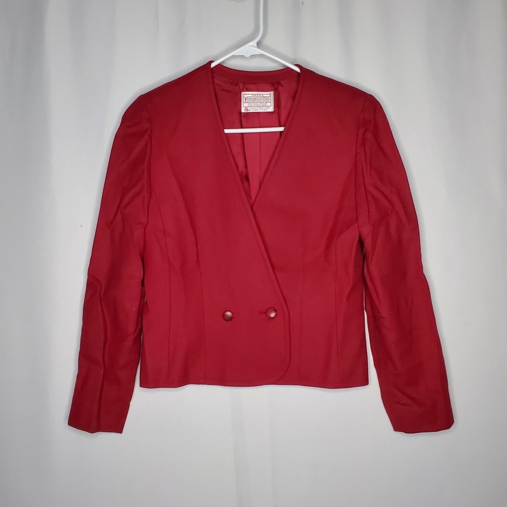 Pendleton Vtg Wool Skirt Suit Set 6P Red Wool One-Button Crop Blazer Pencil